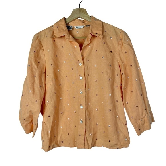 Richard Malcolm Light Orange Polka Dot Embroidered Linen Long Sleeve Button Down - Picture 1 of 4